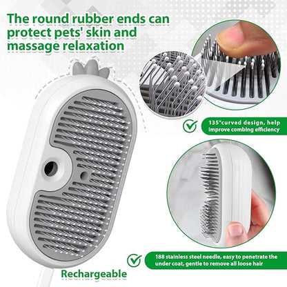 Cat Steam Brush with Release Button, 3 in 1 Rechargeable Pet Spray Water Comb for Long &amp; Short Hair Removal, Self Cleaning Slicker Vapor Brush for Indoor Cats Dogs Rabbits Shedding Grooming