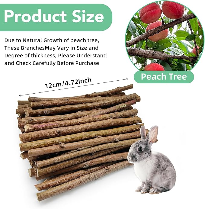 250g Natural Peach Wood Chew Sticks for Rabbits, Hamsters, Chinchillas - Extra Hard Teeth Grinding Toy | Untreated, Safe &amp; Long-Lasting Rodent Chews