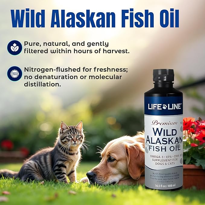 Life Line Pet Nutrition Wild Alaskan Fish Oil Omega-3 Supplement for Skin &amp; Coat – Supports Brain, Eye &amp; Heart Health in Dogs &amp; Cats, 16.5oz