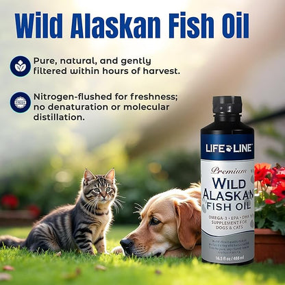 Life Line Pet Nutrition Wild Alaskan Fish Oil Omega-3 Supplement for Skin &amp; Coat – Supports Brain, Eye &amp; Heart Health in Dogs &amp; Cats, 16.5oz