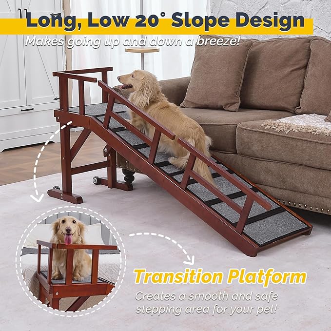 Dog Ramp for Bed or Couch, Wooden Pet Ramp with 20° Gentle Slope, Removable Side Rails, Non-Slip Surface, Top Platform &amp; Wheels, Safe Bed Ramp for Small, Medium &amp; Senior Dogs, 60" Long, Mahogany