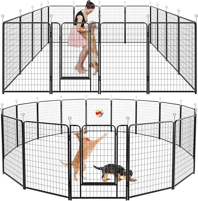 Dog Playpen Outdoor Extra Wide 16 Panels Heavy Duty Dog Fence 50" Height Anti-Rust with Doors Portable for RV Camping Yard, Total 42FT, 140 Sq.ft, Snowy Black