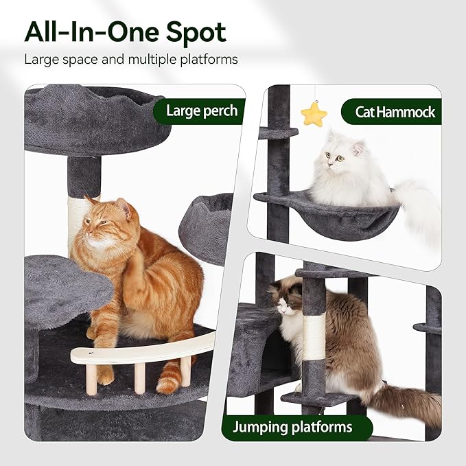 85in Giant Cat Tree for Heavy Duty Big Cats, Large Cat Trees with Scratching Post, Cat Tree Tower with Cat Condos, Hammock &amp; Plush Perch for Maine Coon, Smoky Gray
