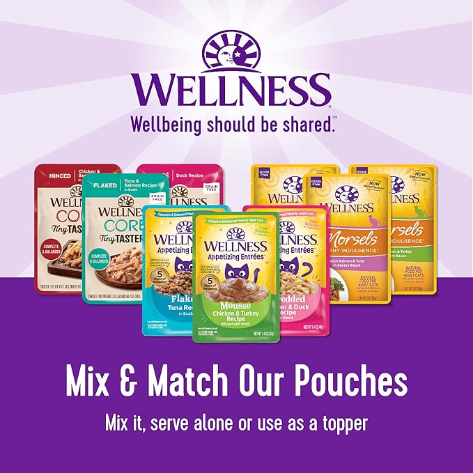 Wellness CORE Tiny Tasters Flaked Adult Wet Cat Food, Natural, Protein-Rich, Grain Free, 1.75-Ounce Pouch, 12 Pack, (Tuna &amp; Salmon)