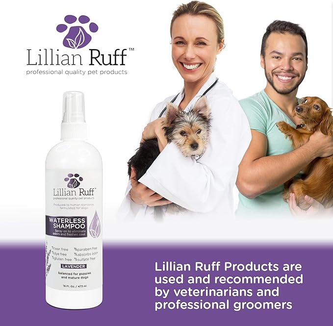 Lillian Ruff Waterless No-Rinse Dog Dry Shampoo Spray with Hydrating Essential Oils - pH-Balanced Dry Shampoo for Dogs - Clean, Condition, Detangle &amp; Deodorize Dry, Sensitive Skin (Lavender)