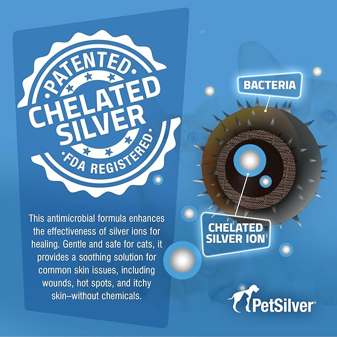 PetSilver Wound &amp; Skin Spray for Cats - Chelated Silver, Superior to Colloidal Silver - Wound Care, Allergy &amp; Itch Relief, Hot Spot Treatment for Cats - Natural Skin Soother - Made in USA - 2 fl oz