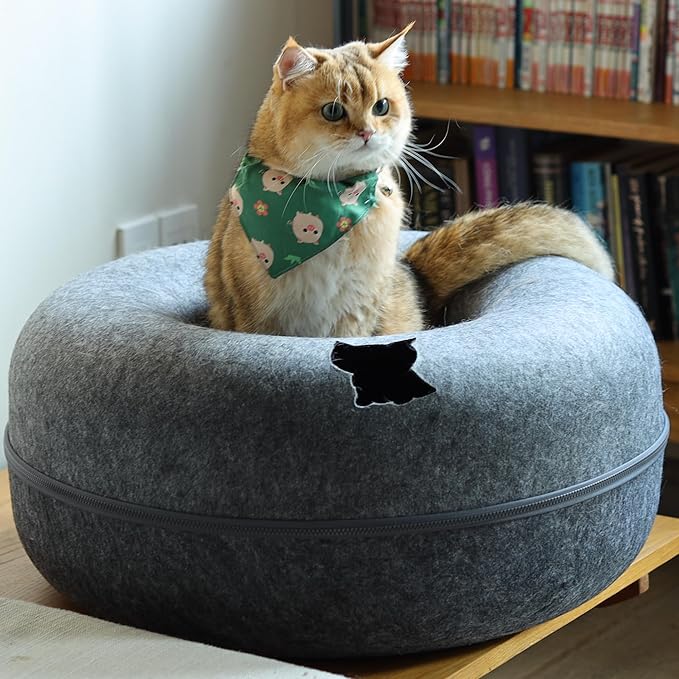 Cattasaurus Peekaboo Cat Cave, Extra Spacious for Multiple &amp; Large Cats 12+ lbs, Scratch Detachable Beds for Indoor Cats, Washable Tunnel Bed, Comfy Cat Donut Tunnel (Dark Gray+Dark Gray, Jumbo)