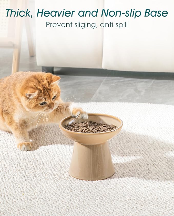 vancasso Ceramic Elevated Cat Bowls 2-Pack - 6.2" Extra Wide Raised Cat Food &amp; Water Dishes, 5.1" Optimal Height Anti-Whisker Fatigue Shallow Bowls for Cats/Kittens/Dogs, Lead &amp; Cadmium Free (Brown)