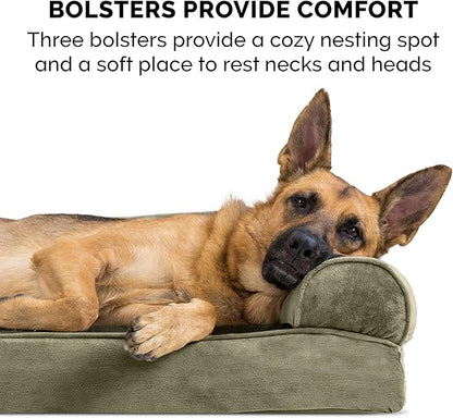Furhaven Cooling Gel Dog Bed for Large/Medium Dogs w/ Removable Bolsters &amp; Washable Cover, For Dogs Up to 55 lbs - Faux Fur &amp; Velvet Sofa - Dark Sage, Large