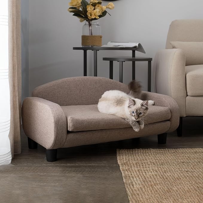 Paws &amp; Purrs Cat Sofa Bed, Pet Couch for Indoor Cats Elevated Cat Beds with Removable Washable Mattress Cover for Kitten, Puppy or Small Animal- 31.5" Wide, Sand