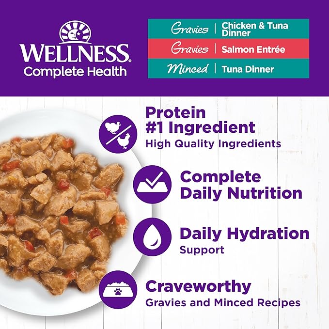 Wellness Complete Health Gravy &amp; Minced Adult Wet Cat Food, Natural, Protein-Rich, Grain Free, 3 Ounce, 12 Pack, (Salmon, Tuna, and Chicken Variety Pack)