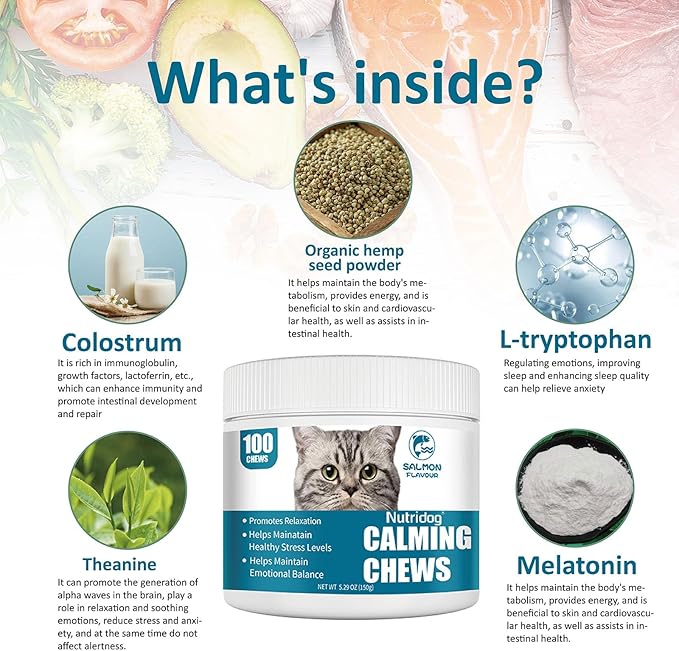 Cat Calming Treats - 100 Count Salmon Chews with Organic Chamomile &amp; Ginger, Stress Relief Supplement for Separation Anxiety, Vet Visits &amp; Thunderstorms (Salmon)