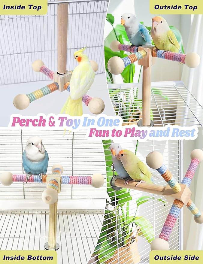 Bird Stand Perch Toy for Small &amp; Medium Birds, 360° Rotating Natural Wooden Parrot Perchs for Bird Cages, Interactive Spinning Toy fo Parrot Parakeets Cockatiels Lovebirds Conures Finches Budgies