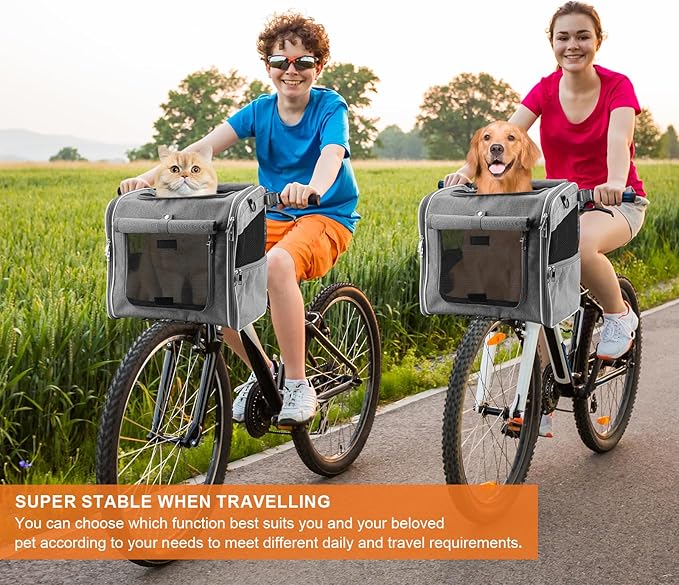 Xixter Dog Basket for Bike, Suitable for Small &amp; Medium Pet Up to 7 kg, Foldable 4-in-1 Pet Bike Basket, Crossbody, Shoulder and Car Seat, with Sturdy Bracket and 4 Mesh Windows, Gray