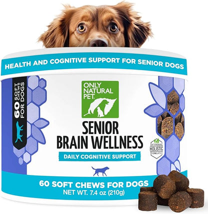ONLY NATURAL PET Senior Brain Wellness Dog Chews - Small, Medium &amp; Large Breeds, Toothless &amp; Geriatric Dogs, Soft Chicken &amp; Bacon Flavor Snacks, Baked Treats - 60 Count