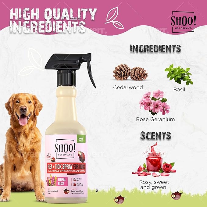 Shoo! Flea &amp; Tick Spray for Dogs and Home | Plant Based, Natural Oils, Chemical Free Formula | Kills, Repels, Prevents | 16 oz (Floral Bliss)