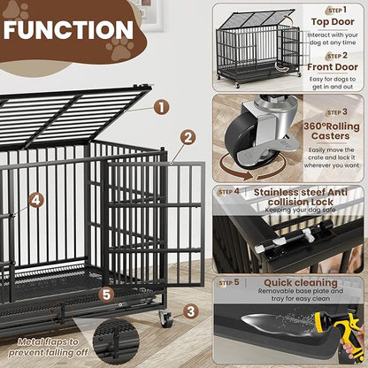 LEVELEVE 48 Inch Heavy Duty Indestructible Dog Crates for Large Dogs，Escape Proof Dog Cage Large Dogs with Lockable Wheels，Dog Kennel Furniture Indoor&amp;Outside