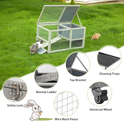 COZIWOW Wooden 36Inches Rabbit Hutch Outdoor with Wheels Bunny Cage Indoor Rabbit Cage with Clean Tray, Openable Roof, Anti-Slip Ramp for Small Bunny (Grey with Pattern)