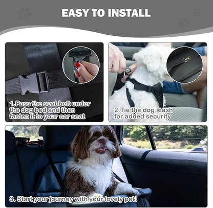 Dog Car Seat for Small Dogs, Large Leather Dog Car Bed with Storage Pocket, Waterproof PVC Leather Booster Seat Travel Bed for Front &amp; Back Seat, Clip-On Safety Leash (Black)