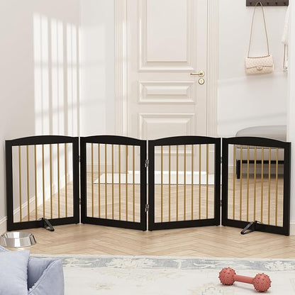 Freestanding Pet Gate for Dogs, Foldable Wooden Dog Gate for House, Indoor Dog Gate for Stairs, Doorways, Step Over Pet Puppy Safety Fence, 80 Inch Wide, 4 Panels 24", Black &amp; Gold