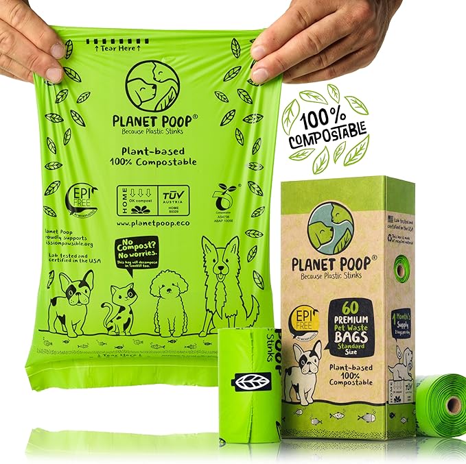 PLANET POOP Home Compostable Dog Poop Bags on Refill Rolls, 60 Un-Scented Pet Waste Bags, Thick Leakproof Plant-Based Doggy Bag, Cat &amp; Dogs Supplies