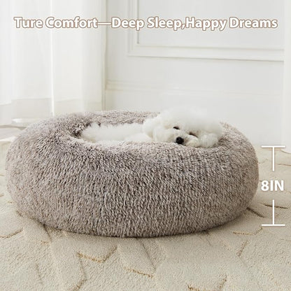 WNPETHOME Calming Dog Bed &amp; Cat Bed, Anti-Anxiety Donut Small Dog Bed, Fluffy Faux Fur Cats Cushion Puppy Bed for Small Pets and Cats (24 x 24 inch, Light Coffee)