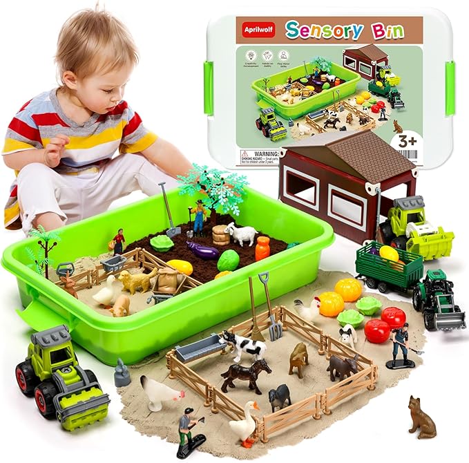 69 PCS Farm Sensory Bin Toys Playset, Sandboxes with Sand, Farmer Tractor &amp; Farm Animals Figures Toys for Kids 3 4 5, Gifts for 6 7 Years Old Boys Girls Toddlers