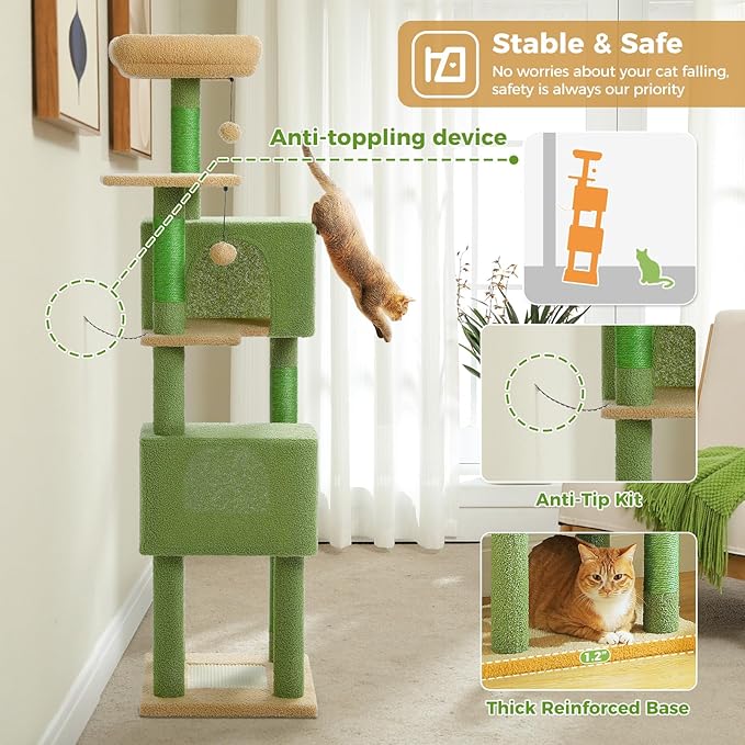 Cactus Cat Tree, 62-Inch Large Cat Tower for Multi-Cat Households w/Scratching Posts, Multi-Level Condo w/Cozy Top Perch &amp; Scratching Pad, Padded Platform, 2 Pompoms, Green