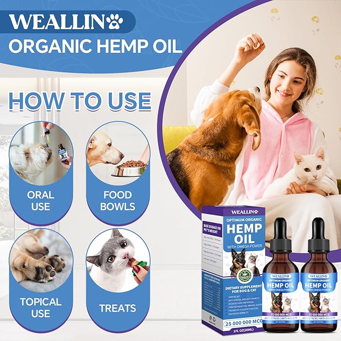 Hemp Seed Oil for Dogs and Cats - Omega-3, 6, 9 Rich Organic Extract - Eases Pet Anxiety, Pain, Skin &amp; Coat Health - Stress Relief, Hip &amp; Joint Support - Calming Treats (2 Pack)