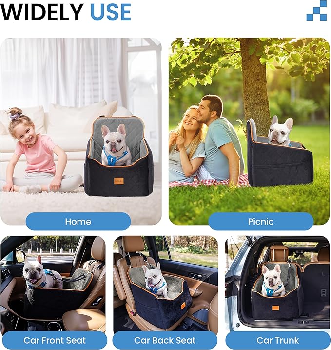 Dog Car Seat for Small Dogs - Puppy Car Seat with Safety Strap &amp; Waterproof Padding, Portable Pet Carrier for Cars, Trucks &amp; SUVs, Comfortable Elevated Bed for Pets Up to 35lbs (Black/Grey)