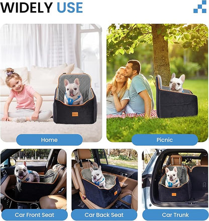 Dog Car Seat for Small Dogs - Puppy Car Seat with Safety Strap &amp; Waterproof Padding, Portable Pet Carrier for Cars, Trucks &amp; SUVs, Comfortable Elevated Bed for Pets Up to 35lbs (Black/Grey)