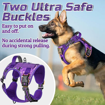 rabbitgoo Tactical Dog Harness for Large Dogs, No Pull Military Service Vest with Handle &amp; Molle, Easy Control for Training Walking, Adjustable Reflective Straps, Purple Camo, L