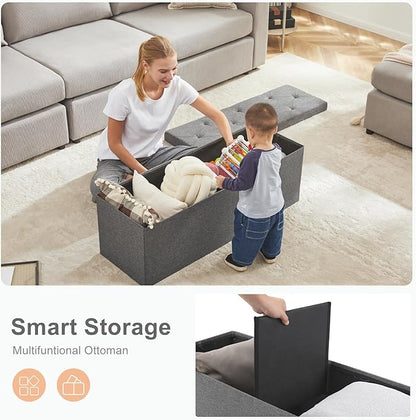 Sweetcrispy 43in Foldable Storage Ottoman Bench, Foot Rest Stool Storage Chest with Padded Seat, End of Bed Bedroom Bench for Living Room, Support 660lbs, Dawn Grey