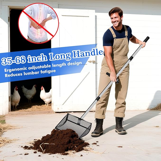 12 Inch Chicken Poop Scooper &amp; Rake 2-in-1, Large Metal Shovel Head, Rubber Handle Stainless Steel Chicken Litter Scoop for Chicken Coops, Litter Screening Scoop (35 to 65in) US Patent Pending (Black)