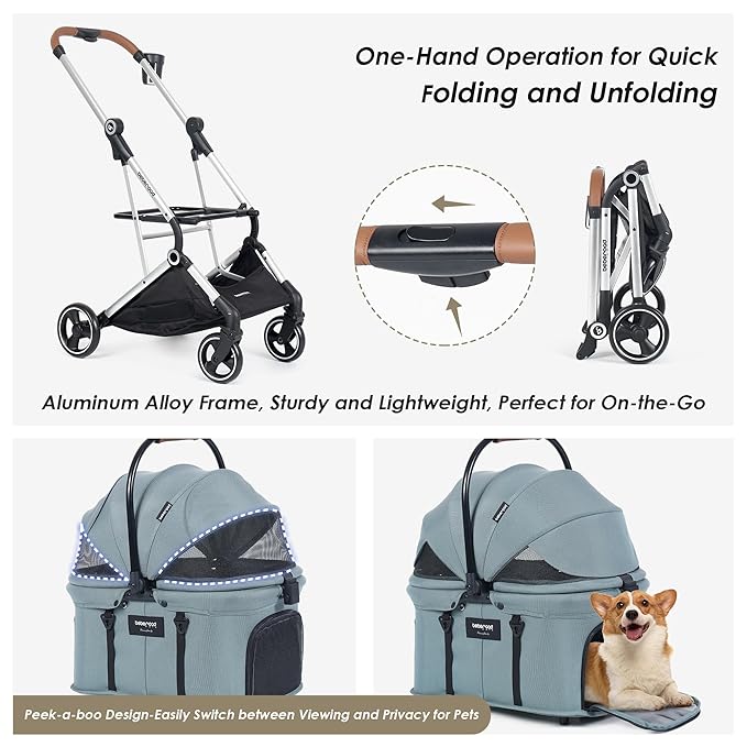 T3 Pro 3-in-1 Small Pet Stroller for Dog &amp; Cats, 4 Wheels with Detachable Carrier with Pad, Canopy and Cup Holder, Green