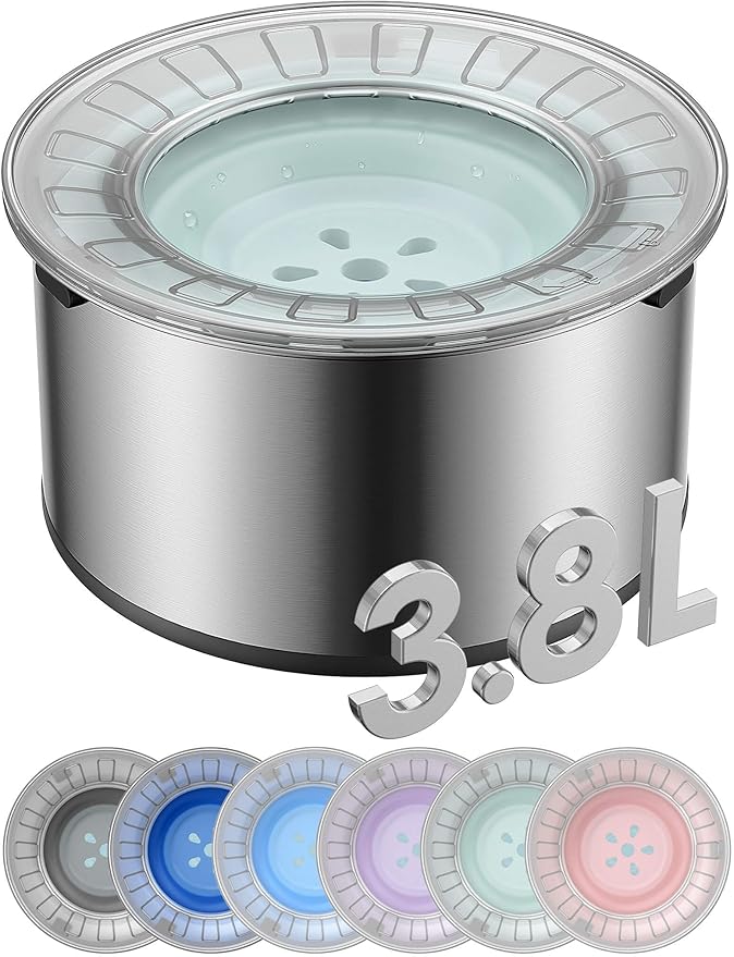 1Gallon Large Dog Water Bowl No Spill, [Anti Digging Lid &amp; Rubber Bottom] Spill Proof Dog Bowl, Anti Splash Mess Dripless Slow Drinking Stainless Steel Water for Sloppy Messy Drinkers Car