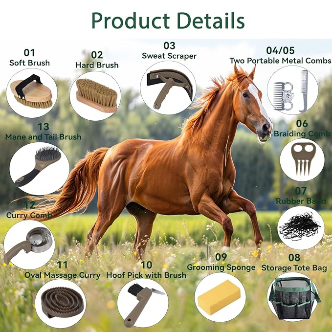 Horse Grooming Kit 13 Piece, Horse Brushes for Grooming Supplies Set with Organizer Bag, Horse Brush &amp; Curry Comb for Effective Cleaning, Gift for Horses Riders Beginners