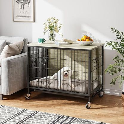 Dog Crate Furniture, 32.5" Wooden Dog Crate Furniture Side End Table, Indoor Kennel with Double Doors, Dog Crates for Medium Dogs, Grey