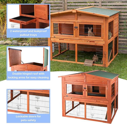 TRIXIE natura Outdoor Deluxe Rabbit Hutch with Run - Large 2-Story Rabbit Cage with Non-Slip Ramp - Elevated Small Animal House with Secure Playpen, Hinged Roof &amp; Two Pull-Out Trays - in Natural