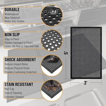 Ottomanson Heavy Duty Rubber Floor Mat – Non-Slip, Waterproof, Easy to Clean – Anti-Fatigue Mat for Commercial Kitchens, Restaurants, Workshops – Oil Resistant, Hose Washable – 36" x 60", Black