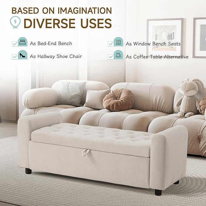 Ottoman with Storage, Tufted Storage Bench for Bedroom, 48" Fabrics End of Bed Bench, Upholstered Entryway Shoe Benches with Rolled Arm &amp; Inner Zipper, Window Ottomans Chest without Rivets, Beige