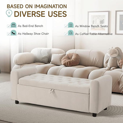 Ottoman with Storage, Tufted Storage Bench for Bedroom, 48" Fabrics End of Bed Bench, Upholstered Entryway Shoe Benches with Rolled Arm &amp; Inner Zipper, Window Ottomans Chest without Rivets, Beige