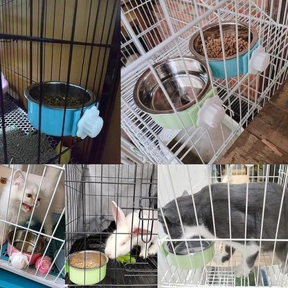 kathson Crate Dog Bowl, Removable Stainless Steel Hanging Pet Cage Bowl Food &amp; Water Feeder Coop Cup for Cat, Puppy, Birds, Rats, Guinea Pigs 2pcs(Blue,Pink)