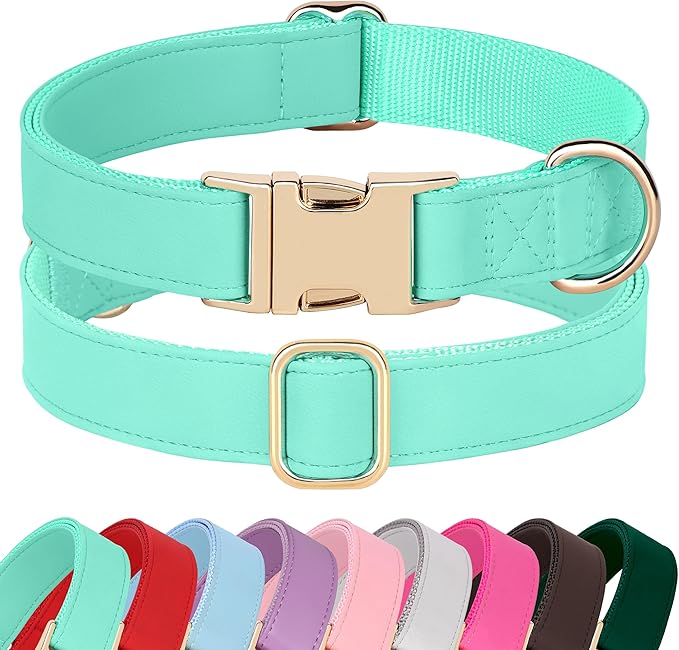 PET ARTIST Soft PU Leather Dog Collar, Bright Color &amp; Durable Dog Collar Leather with Rose Gold Quick Release Metal Buckle, Adjustable Nylon Padded Pet Collars for Small Dogs, Neck Fit 9-14"