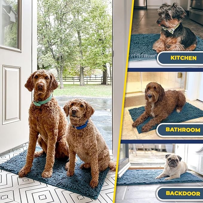 Muddy Mat® Pack of 3 Highly Absorbent Microfiber Dog Door Mat and Pet Rug, Non Slip Thick Washable Area Mat Soft Chenille for Kitchen Bathroom Bedroom and Outdoor - Atlantic Blue Small, Medium &amp; Large