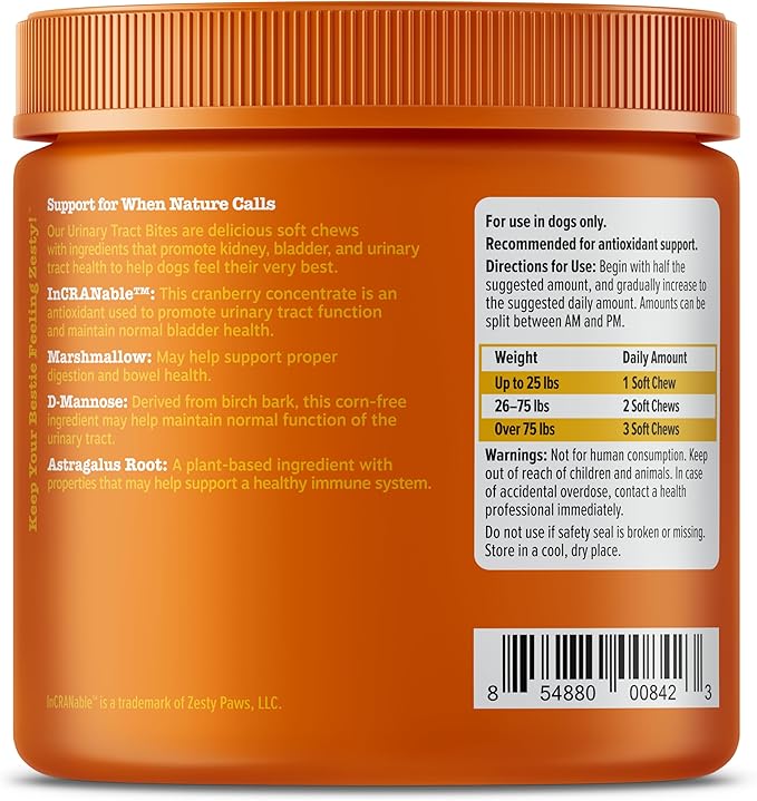 Zesty Paws Cranberry Supplement for Dogs - Bladder Control for Dogs - Urinary Tract Support - Cranberry Chews with D-Mannose, Vitamin B6 &amp; L-Arginine - Immune &amp; Gut Support - Bacon - 90 Count