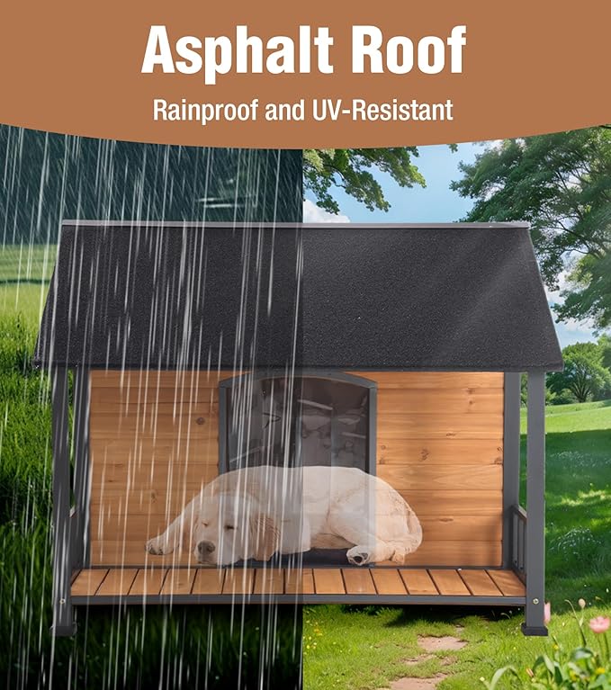 Gutinneen Large Dog House Outdoor with Strength Metal Frame, Outside Dog House with Waterproof Roof, PVC Curtain, Fir Wood Patio, Design for Small &amp; Medium &amp; Large Dogs