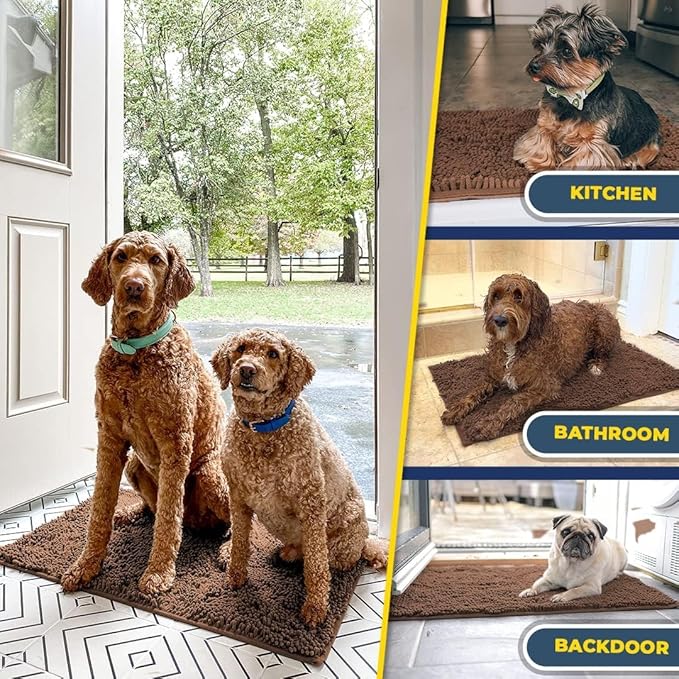 Muddy Mat® Pack of 3 Highly Absorbent Microfiber Dog Door Mat and Pet Rug, Non Slip Thick Washable Area Mat Soft Chenille for Kitchen Bathroom Bedroom and Outdoor - Brown Small, Medium &amp; Large