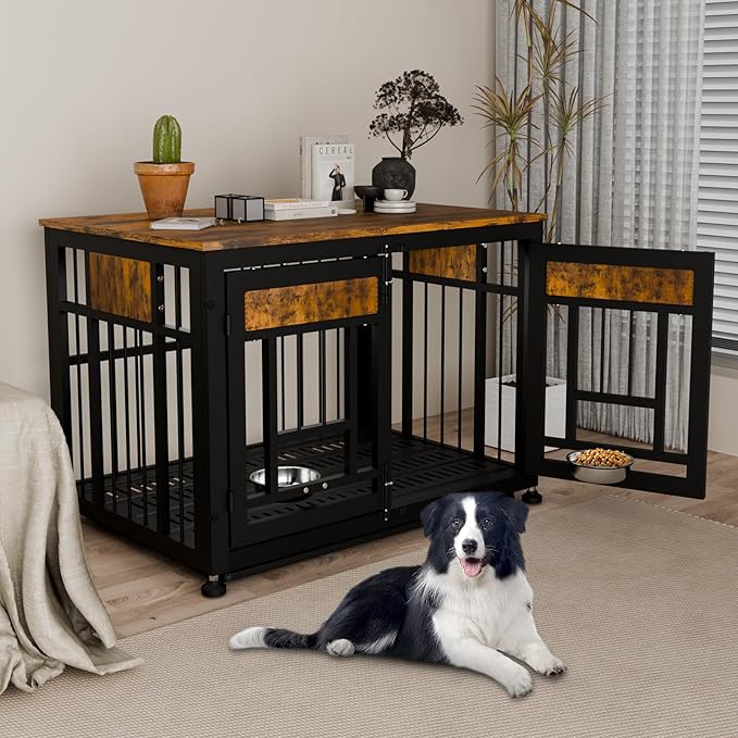 Dog Crate Furniture End Table 38 Inch Hidden Kennel Cabinet with Removable Tray, Thickened Metal Frame Dog Cage, Dual-Purpose Pet House &amp; Nightstand for Living Room
