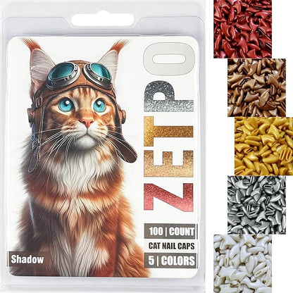 zetpo 100 pcs Cat Nail Caps | Cat Claw Covers | with Adhesives and Applicators (S, Metal Red, Bronze, Gold, Silver, Pearl White)
